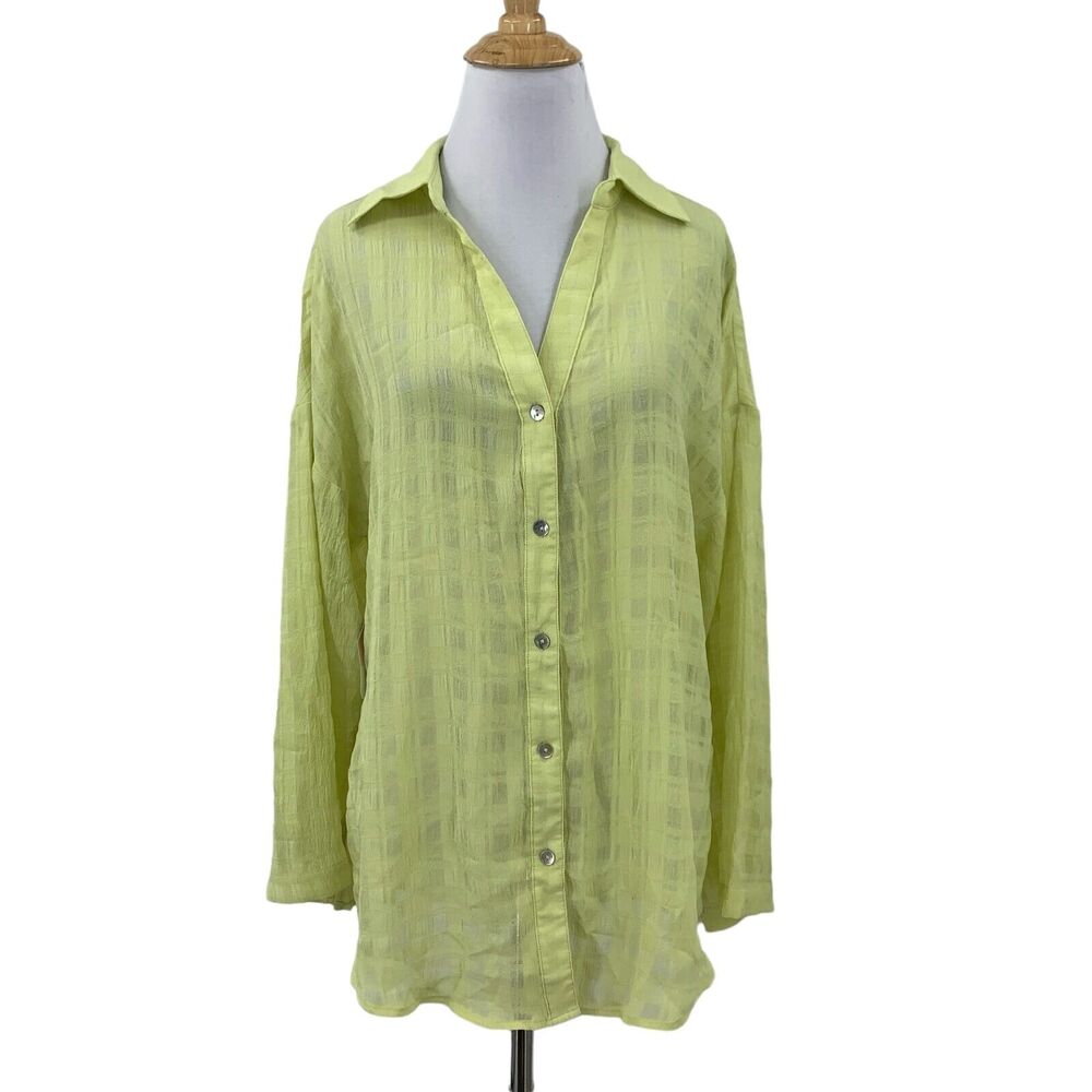 NewIn Shirt Womens M Medium Lime Light Semi Sheer Button Front Johnny Collar‎